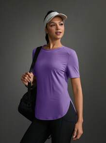 Powerista Áo thun thể thao ngoài trời cổ tròn tay ngắn màu trơn dành cho nữ - Màu tím - Xem 13