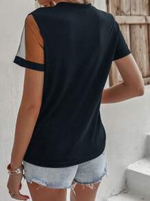 SHEIN LUNE Women Pearl-Embellished Mesh Panel Short Sleeve T-Shirt - Navy Blue - View 2