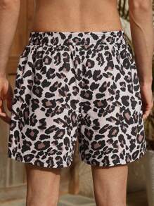 Manfinity VDAYZ Short de plage décontracté pour hommes à imprimé léopard avec poche et nœud devant