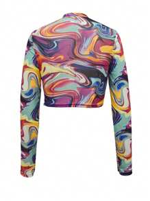 女士时尚扎染印花透视短款上衣 - 彩色 - 查看 6