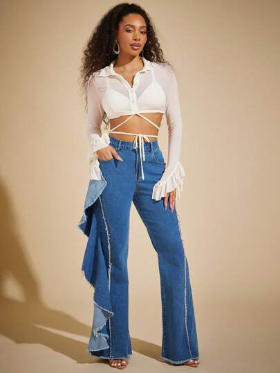 Vixey Ruffle Long Sleeve Sheer Mesh Button Up Crop Top, Summer Tops, Boho, Festival, Western, Cowgirl, Hippie