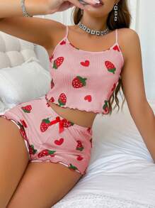草莓印花提花荷叶边吊带背心和短裤女式睡衣套装 - 粉色 - 查看 5