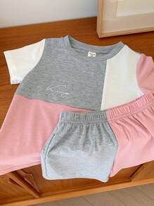 2 Pieces Set Young Boys Casual Sports College Artistic Style Retro Multi-Color Stitching Round Neck T-Shirt And Shorts Suit Suitable For Young Boy Clothing Young Boy Clothes Back To School Boy Suit Suitable For Birthday Parties, Evening Parties, Performances, Weddings, Baptisms, Opening Ceremonies, Daily Suitable For School Suitable For Travel Suitable For Vacation Suitable For Spring And Summer - Pink - View 9