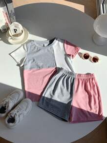 2 Pieces Set Young Boys Casual Sports College Artistic Style Retro Multi-Color Stitching Round Neck T-Shirt And Shorts Suit Suitable For Young Boy Clothing Young Boy Clothes Back To School Boy Suit Suitable For Birthday Parties, Evening Parties, Performances, Weddings, Baptisms, Opening Ceremonies, Daily Suitable For School Suitable For Travel Suitable For Vacation Suitable For Spring And Summer - Pink - View 4