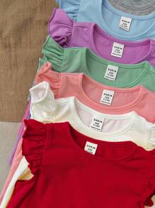 8pcs Set Cute Summer Baby Girl Solid Color Knit Cap Sleeve Tops - Multicolor - View 5