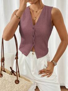 SHEIN Frenchy Women's Solid Color Front Button Vacation Casual Tank Top Summer