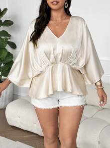 Celure 大码女式法式中长款 V 领蝙蝠袖 3/4 袖纯色褶腰衬衫