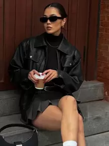 DAZY 女士街头风格 PU 皮夹克，宽松长袖翻领