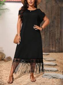Breezaya Plus Size Women's Solid Color Off The Shoulder Sleeve Patchwork Tassel Fringe Mini Dress - Black - View 4