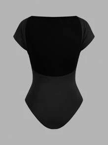SHEIN EZwear Bộ 2 món/Bộ đồ liền thân hở lưng tay ngắn cho nữ, màu đen và đỏ tía, mặc thường ngày cho mùa hè - Nhiều màu - Xem 6