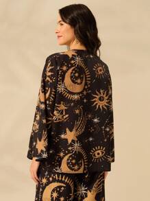 CAJUNI Women's The Sun, The Moon And The Devil's Eye Printed Casual And Boho Long Sleeve Kimono, Perfect For Holiday