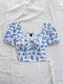 SHEIN WYWH 大码女式浪漫花卉印花甜心领泡泡袖荷叶边系带上衣 - 彩色 - 查看 6