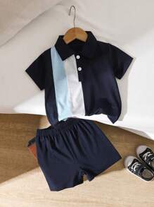 Bộ 2 áo thun polo và quần short cho bé trai/bé gái, áo polo khối màu bất đối xứng, thiết kế mở phía trước tiện lợi, thích hợp mặc ở nhà, chơi ngoài trời, tiệc tùng và mọi dịp - Màu xanh lam - Xem 4