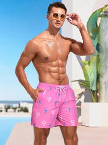 Surfspeed Tropical Print Drawstring Men's Beach Shorts, Suitable For Vacation - Pink - View 3