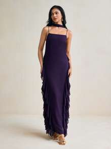 TSS Vestido maxi de gasa con tirantes de espagueti, volantes laterales y chal en color púrpura oscuro, vestido elegante para boda, cóctel o fiesta formal para mujer, vestido de verano bohemio para vacaciones