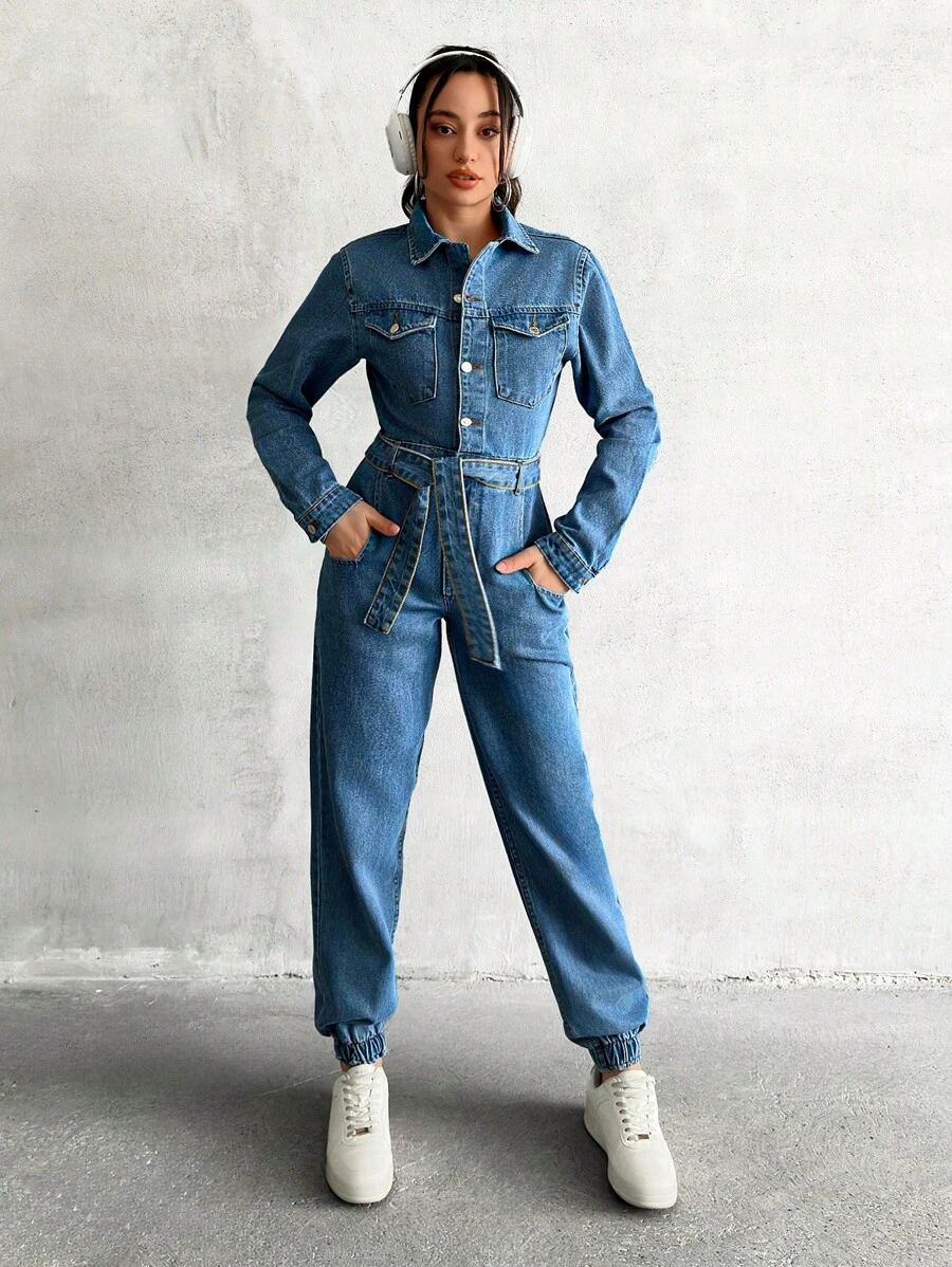 RueChic Rigid Long Sleeve, Elastic Hem Denim Overall - Medium Wash - View 1