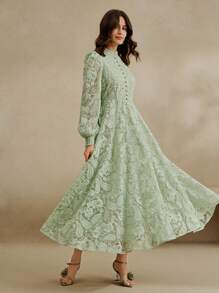 Anewsta 女士立领灯笼袖透明腰部收紧花卉刺绣优雅 A 字形连衣裙，节日春季女士外出度假服装 - 綠色 - 查看 7