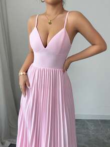 Elenzga Damen V-Ausschnitt geraffte rückenfreie Schleifendekor Lässig Urlaub Mini Kleid - Pink - Übersicht 4