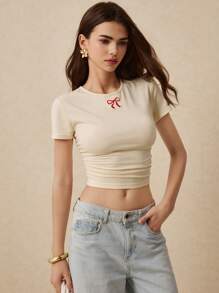 Poéselle 女士休闲蝴蝶结刺绣圆领短袖T恤，夏季，蝴蝶结T恤，杏色紧身T恤，可爱蝴蝶结 - 白色 - 查看 8