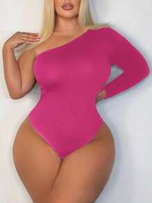 SHEIN SXY Plus Size Women One Shoulder Long Sleeve Solid Bodysuit, Fashion