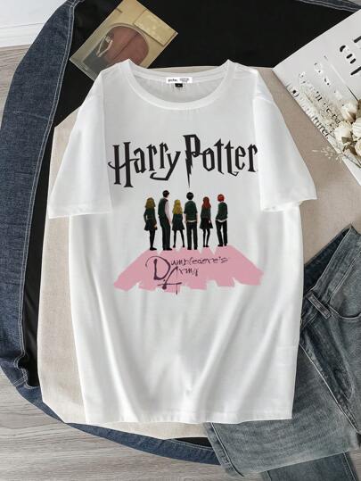 HARRY POTTER X SHEIN Casual Loose Fit Round Neck Short Sleeve T-Shirt For Women, Summer Suitable For Going Out