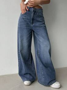 DAZY Women's Casual Washed Wide-Leg Denim Pants,Baggy Jeans