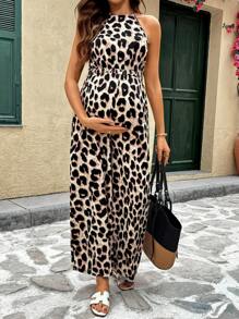 SHEIN 孕妇吊带豹纹宽腿宽松连体裤 - 黑色 - 查看 1