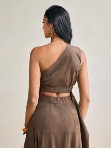 TSS Designer Mocha Brown Suede Asymmetric Top Long Peplum Boho Vacation Top - Mocha Brown - View 3