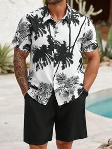 Manfinity RSRT Plus Size Men Coconut Tree Print Short Sleeve Shirt And Shorts Set - Black - View 1