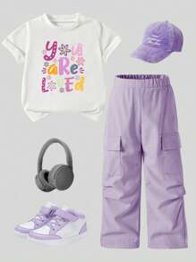 SHEIN Playful Pals Young Girl Summer Casual Letter Pattern Round Neck Short Sleeve Top And Cargo Pants Set - Purple - View 2