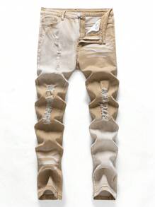 SHEIN Teen Boy Fashion Casual Vintage Cut Out Ripped Frayed And Design Sense Gradient Wash Aqua Gray Stretch Skinny Jeans, Cool Thanksgiving Soft Dailywear, Summer And Spring - Khaki - View 8