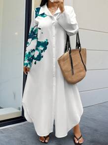 EMERY ROSE Random Print Plus Size Long Sleeve Dress Maxi Women Outfit - Multicolor - View 3