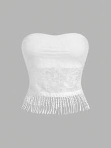 SHEIN EZwear Áo Bandeau viền ren trắng thanh lịch dành cho nữ - trắng - Xem 1