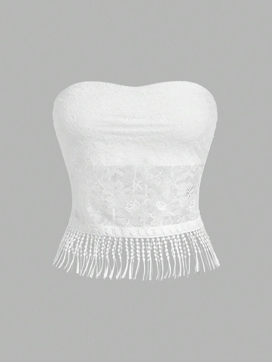 SHEIN EZwear Áo Bandeau viền ren trắng thanh lịch dành cho nữ - trắng - Xem 1