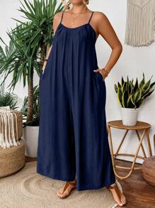 SHEIN Clasi 大码女式纯色胸部折叠口袋宽松休闲连体裤带肩带