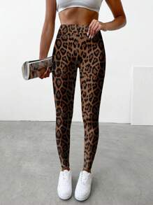 SHEIN SXY Casual Leopard Print High Waist Skinny Women Ankle Length Leggings, Suitable For Summer, Cheetah Print Leggings - Mocha Brown - View 4