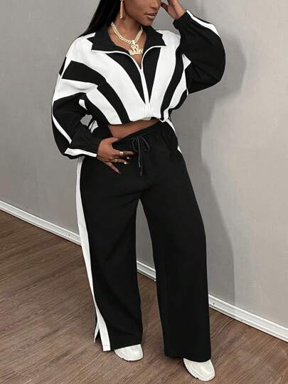 Slaydiva Women Color Block Drop Shoulder Zip Up Jacket And Pants 2 Pieces Casual Sportswear Set