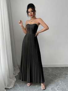 INAWLY 女士优雅褶皱露肩修身中长连衣裙 - 黑色 - 查看 7