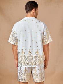 Manfinity ModaGents 2pcs Men Casual Lightweight Short Sleeve Open Front Shirt And Elastic Waist Loose Straight Shorts Set