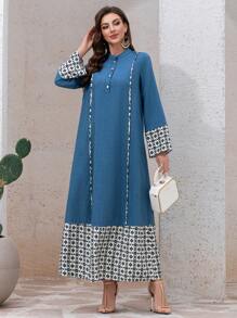 Al Najma 女式休闲拼色宽松拼接连衣裙，端庄 - 藍色 - 查看 5