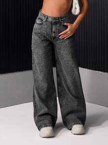 EURMUSE 女式纯色休闲百搭口袋阔腿牛仔裤 - 灰色 - 查看 7