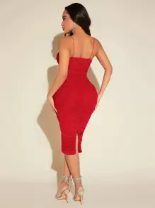 Radiana Vestido de punto de corte en V profundo con tirantes finos y ajustado hasta la rodilla para mujer - Rojo - Ver 2
