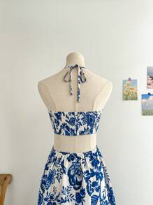 Soleia Blue & White Patterned Hollow Out Cinched Waist Romantic Casual Holiday Dress For Women, Suitable For Vacation, Date, Afternoon Tea, Music Festival, Bohemian