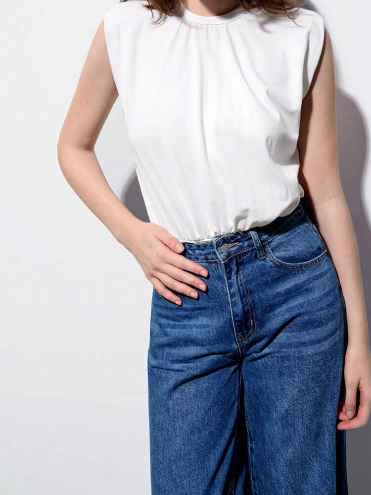 SHEIN Maija 2025년 여름 신상 화이트 크루넥 민소매 퍼프 칼라 플리츠 스플라이싱 바디수트, 미니멀리스트 캐주얼 다용도 바디수트, 세인트 패트릭 데이, 해변 휴가, 음악 페스티벌에 적합