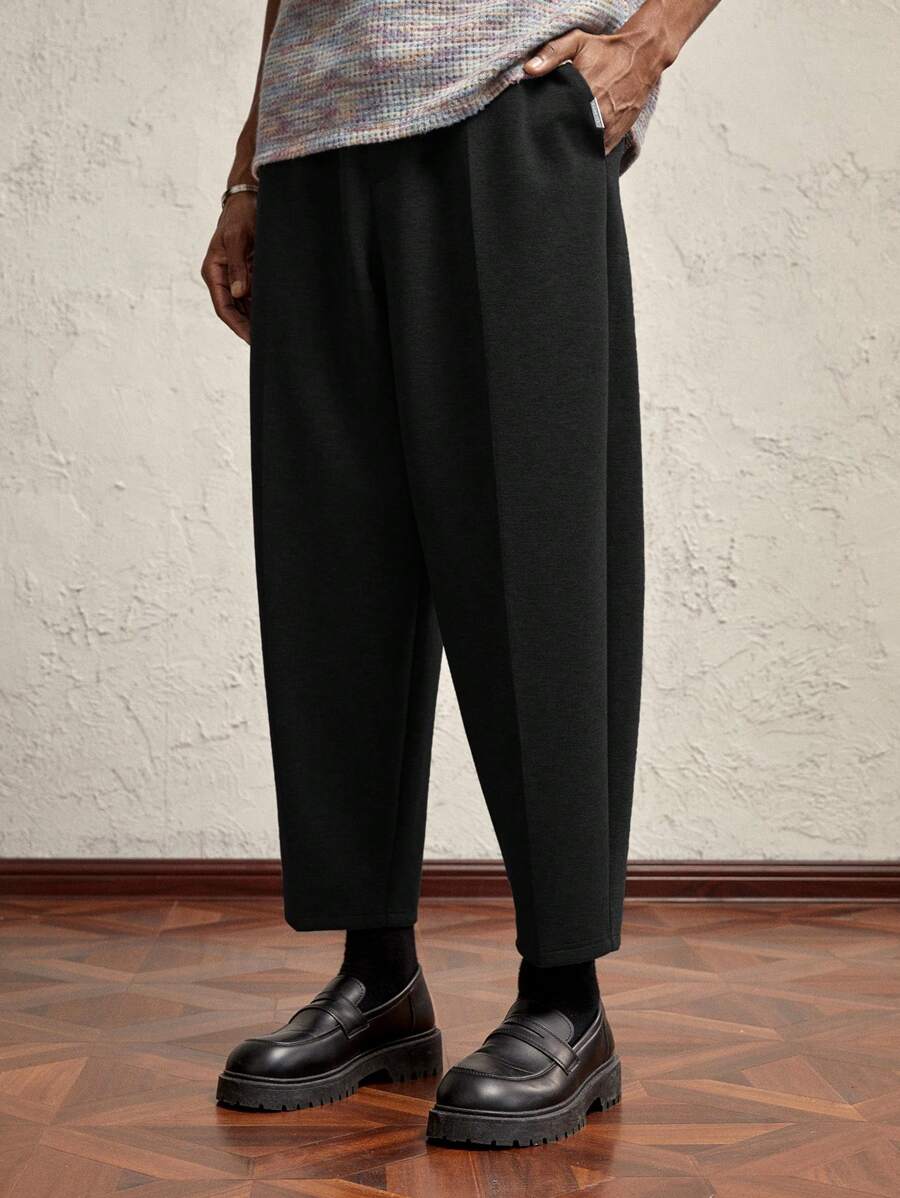 AKNOTIC Business Casual 男士针织宽松哈伦裤，休闲抽绳运动裤，适合秋冬季，日常穿着带金属标志，上学 - 黑色 - 查看 1