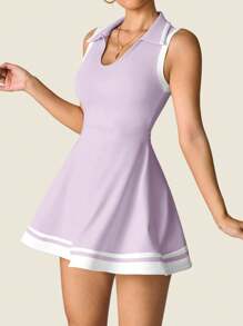 Dewbera 女士瑜伽运动休闲无袖 Polo 领连衣裙，合身健身跑步运动连衣裙，带口袋，舒适通勤户外性感短裤运动连衣裙