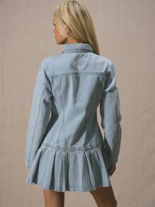 MUSERA Fitted Collared Pleated Long Sleeve Skater Style Mini Dress For Spring Summer Cute Vacation Al Fresco - White - View 3