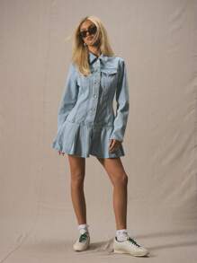 MUSERA Fitted Collared Pleated Long Sleeve Skater Style Mini Dress For Spring Summer Cute Vacation Al Fresco - White - View 5