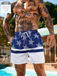 Surfspeed Men's Contrast Striped & Star Print Drawstring Waist Beach Shorts - Blue and White - View 1
