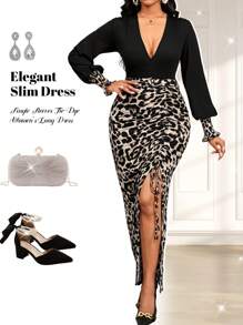 SHEIN Lady Sloping Shoulder Slim Purple Long Women's Dress Dark Purple Skirt Holiday Dress With Flowing Single Sleeves Tie-Dye Women's Long Dress